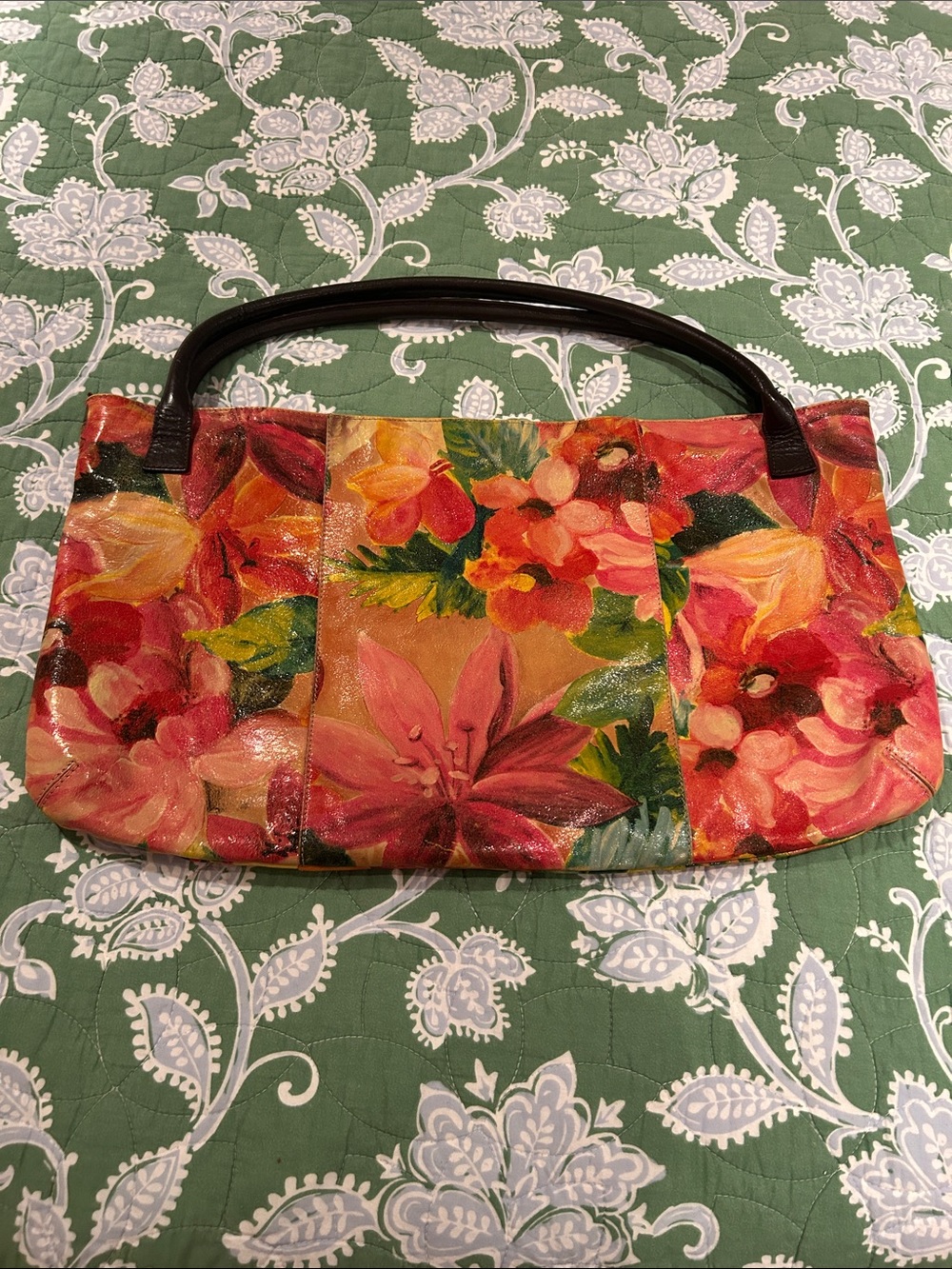 Maurizio Taiuti Floral Multicolor Laether Shoulder Bag with Black Handles